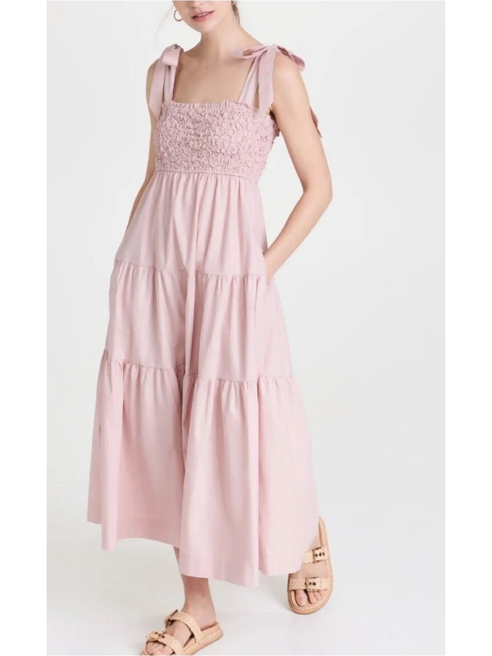 En Saison Light Blush Pink Smocked Tie Shoulder Tiered Midi Dress Size Small